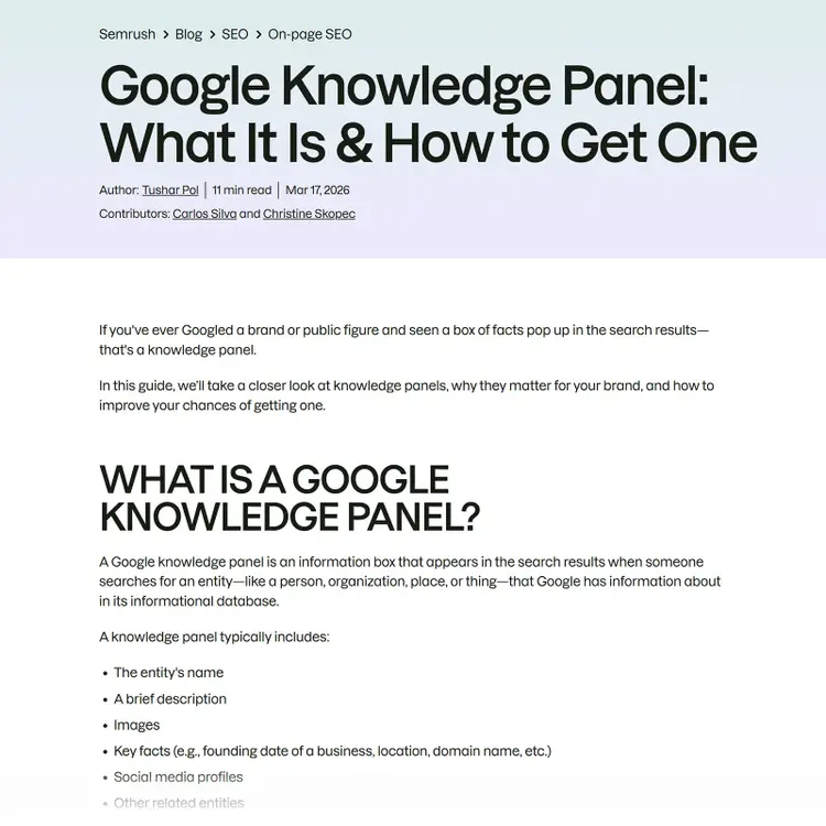 Semrush blog article on Google Knowledge Panels showing optimized content structure, expert authorship, and entity-focused SEO content