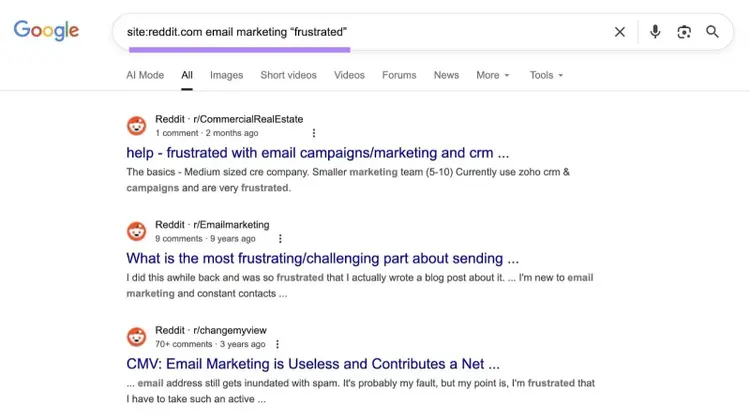 Using a site search syntax with negative terms to find Reddit discussions talking about common problems and pain points.