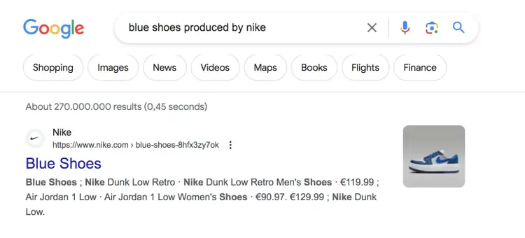 Nike's "Blue Shoes" page comes in the first Google result for "blue shoes produced by Nike" query