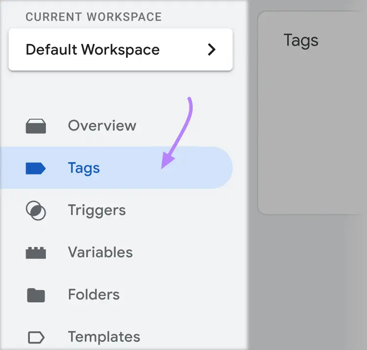 “Tags” selected from the left-hand navigation in GTM