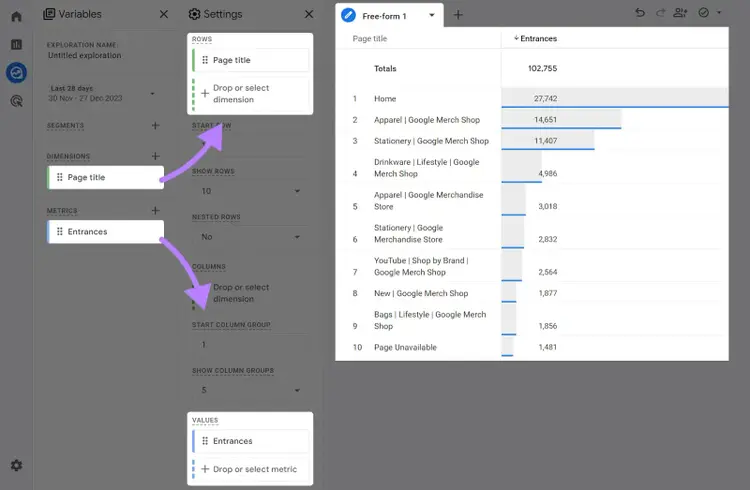 Adding “Page title” into the “ROWS” area and “Entrances” metric to the “VALUES” area