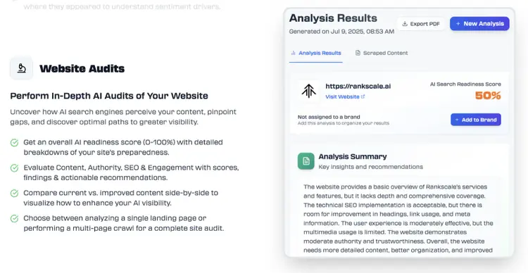 The tool's website audit includes analysis results that show an AI search readiness score and reasoning.