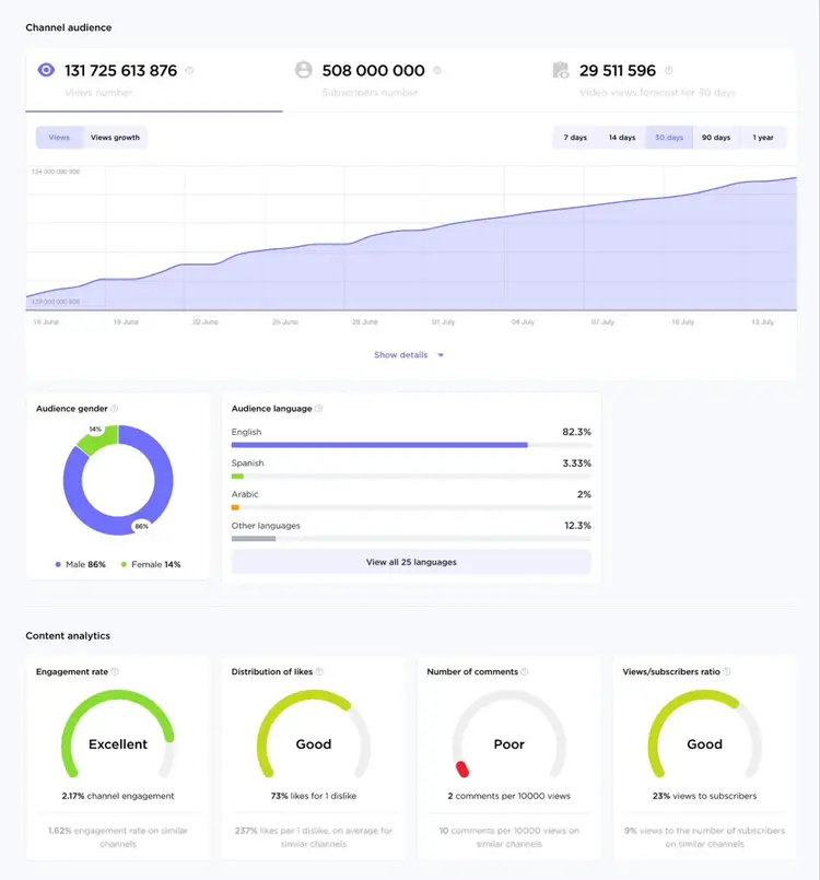Influencer Analytics report showing metrics like views, subscribers, view forecast, audience demographics, and content analytics for a channel.