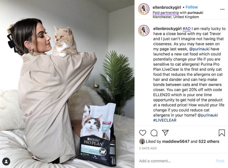 A paid post by an influencer @ellenbrockygirl on Instagram, promoting Purina's cat food