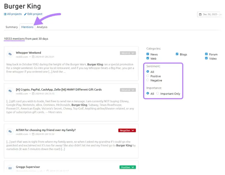 Mentions are listed with a preview of the mention as well as the sentiment.