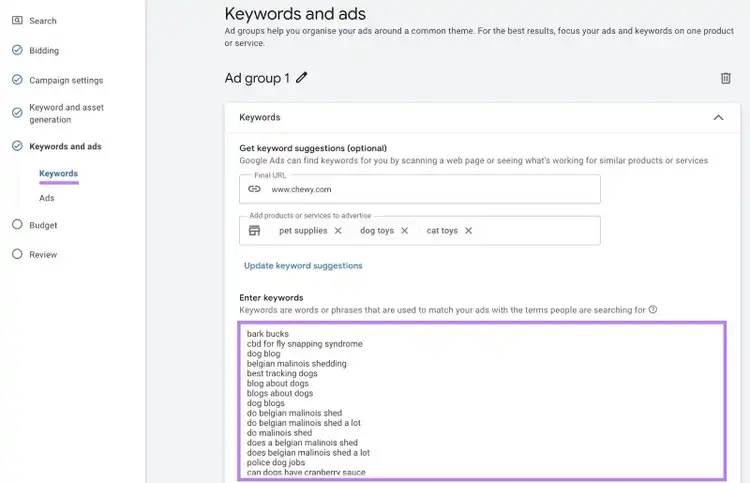 Keywords and ads settings on Google Ads with options to customize the URL, products or services to advertise, keywords to target, etc.