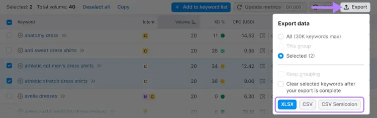 "XLSX," "CSV," and "CSV Semicolon" options highlighted under "Export data" drop-down menu
