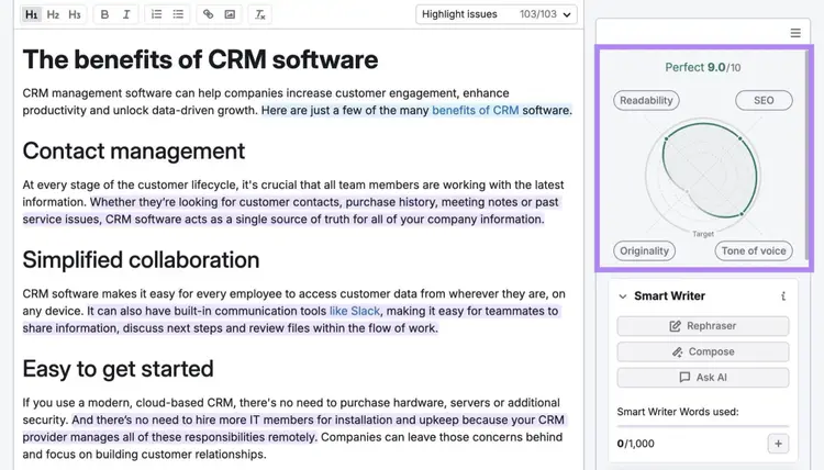 SEO Writing Assistant with an article on the left and an overall score along with improvement recommendations on the right.