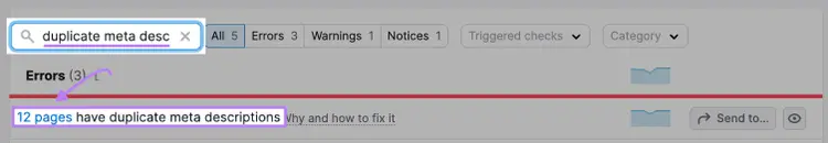 "12 pages have duplicate meta descriptions" result highlighted in Site Audit