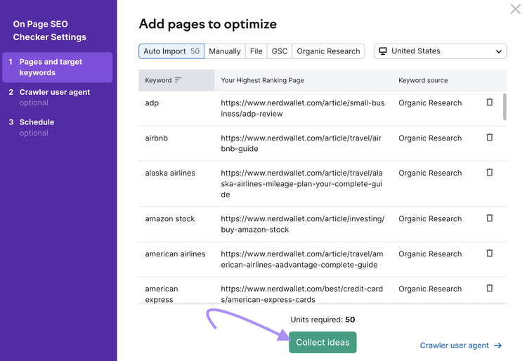 Screenshot: On Page SEO Checker Add pages dialog with keyword list and Auto Import option