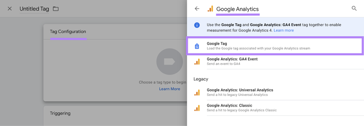 “Tag Configuration” > “Google Analytics” > “Google Tag" buttons highlighted