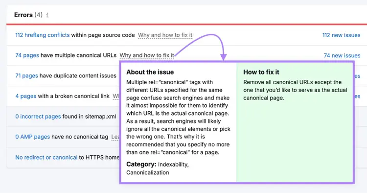 For each issue, a pop up shows more explanation.