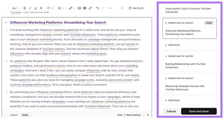 "Auto-optimize" results on SurferSEO with all the reviewable and reversible changes made appearing on the right-hand side.