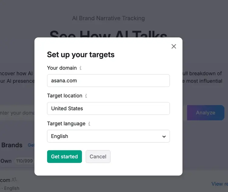 Semrush AI brand performance setup window