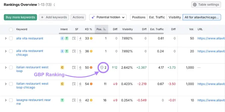google business profile ranking highlighted in the rankings overview table