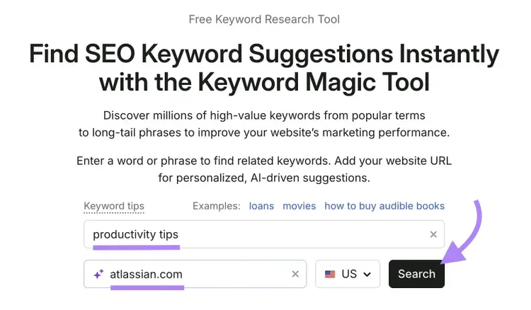 Keyword Magic Tool start with a seed term & domain entered along with "Search" clicked.