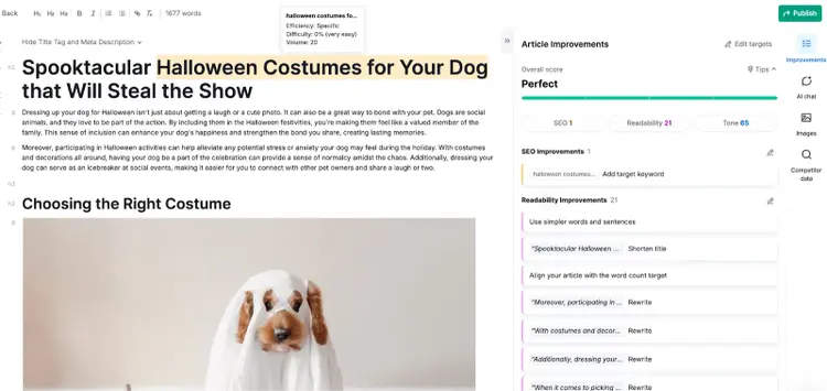Semrush Content Toolkit blog post with Perfect rating for Halloween dog costume article