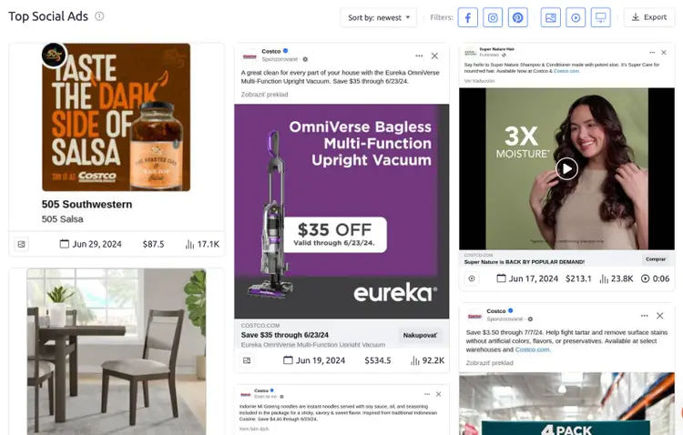 AdClarity showing top social ads with product advertisements and engagement metrics like dates and engagement counts.