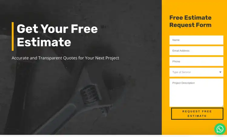 Landing page offering a free repair estimate through a contact form.