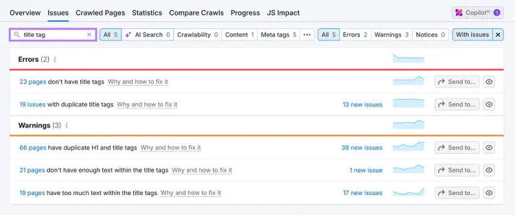 Semrush Site Audit Issues tab listing errors and warnings related to missing, duplicate, and long title tags.