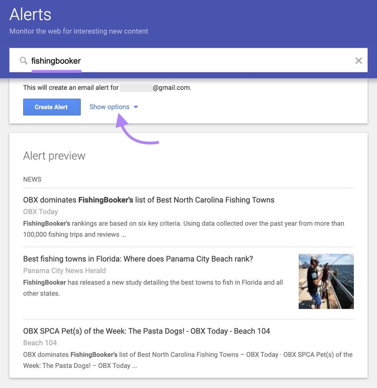 Google Alerts home with a brand name entered in the search bar and highlighted, and an arrow pointing toward "Show options."