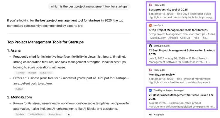 Multiple product roundup articles cited on a ChatGPT response to "which is the best project management tool for startups".