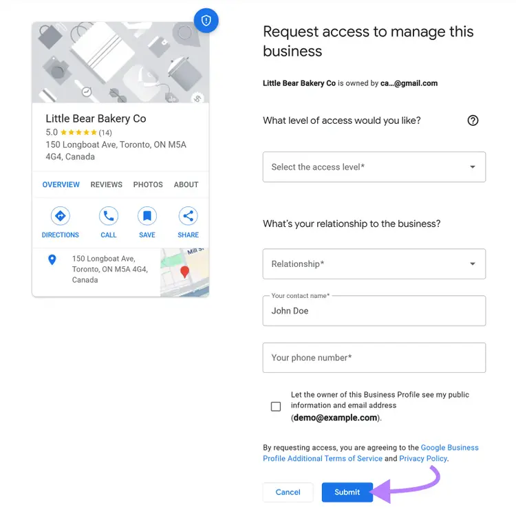 Request access form with arrow pointing to “Submit” button.