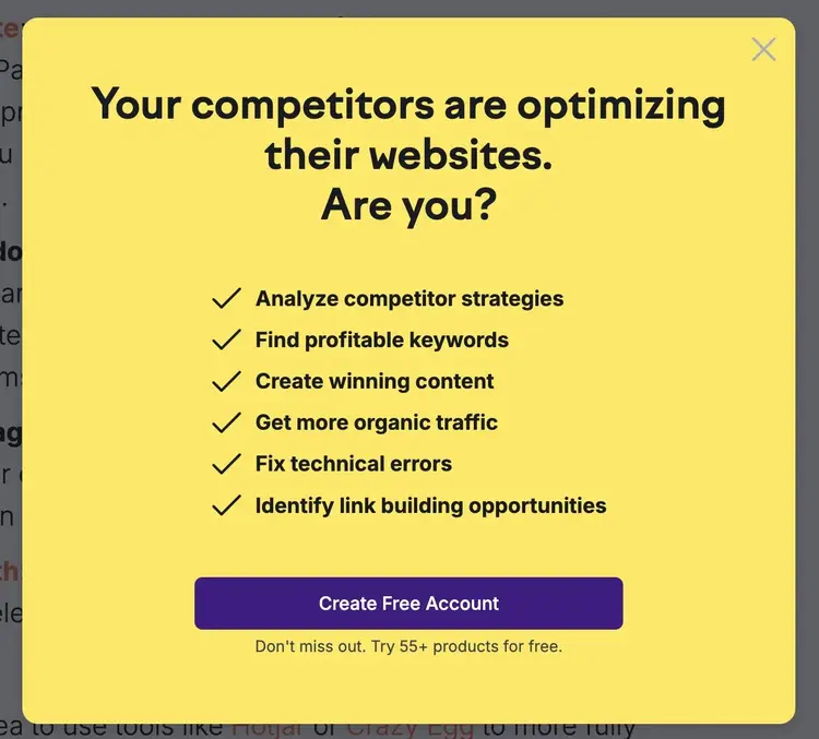 A redesigned popup on the Semrush blog with a persuasive headline reading "Your competitors are optimizing their websites. Are you?".