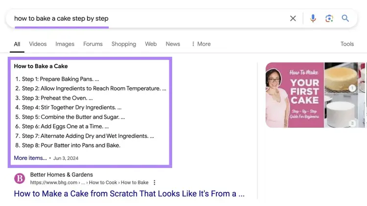 Featured snippet listing step-by-step instructions on how to bake a cake.