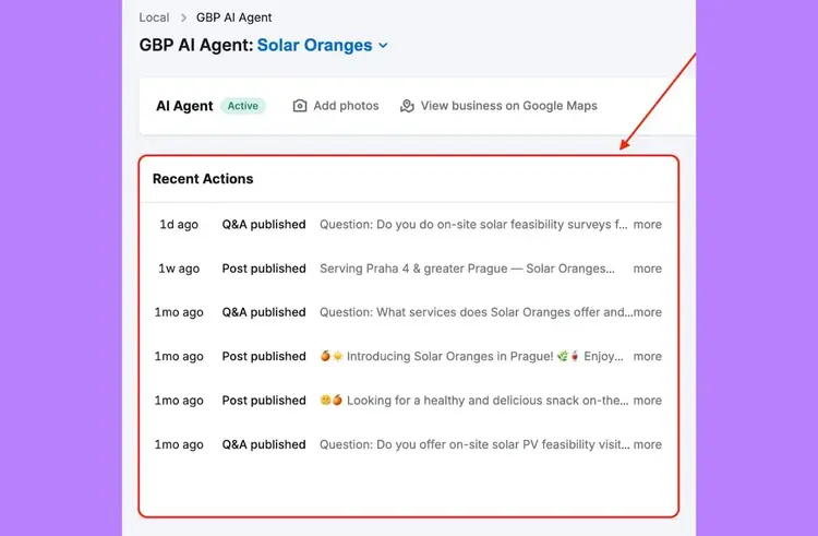GBP AI Agent dashboard for Solar Oranges showing recent actions including Q&A and post published entries