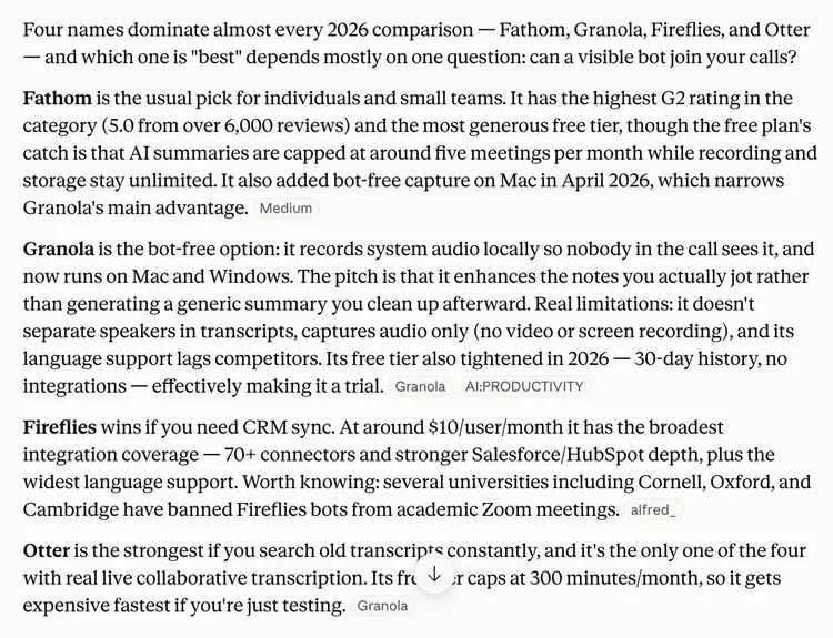 Claude compares Fathom, Granola, Fireflies, and Otter as top AI meeting notetakers, with cited sources