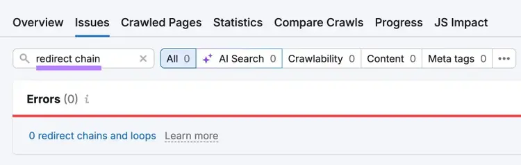 The "Issues" tab on Site Audit with "redirect chain" entered showing a list of related errors.