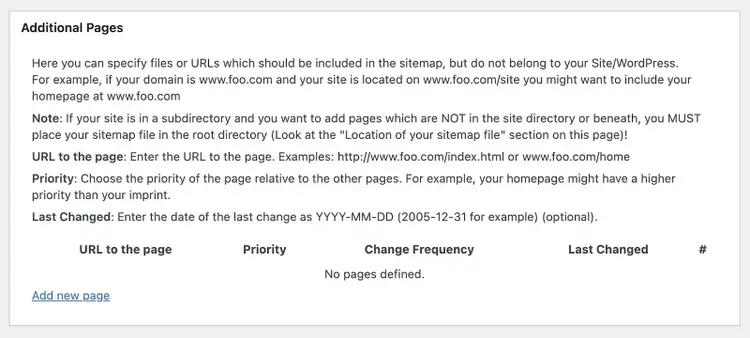 Additional Pages section to manually add URLs to a sitemap on the XML-Sitemap Generator for Google on WordPress.