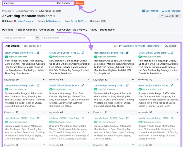 “Ad Copies” table for shein.com in Advertising Research