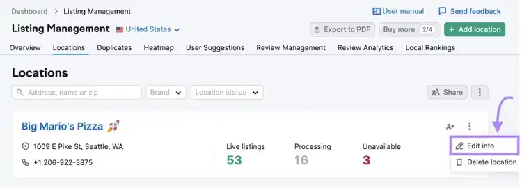 In Listing Management, select “Edit info” to change your information