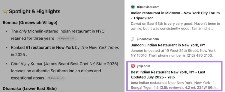 ChatGPT results for “best Indian restaurants in New York” listing Yelp as one of the sources.