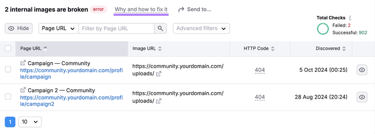 broken internal image issues include info like page url, image url, and http code.