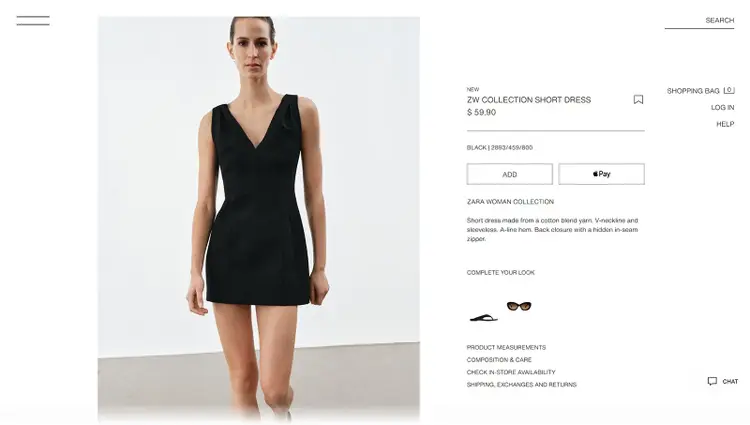 Zara ZW Collection short black dress product page with price, Add button, and product details