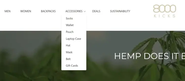 Navigation menu with an Accessories dropdown.