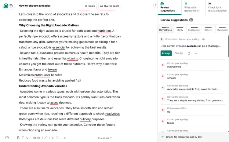 Grammarly editor showing AI writing suggestions and spelling corrections for an article on choosing avocados.
