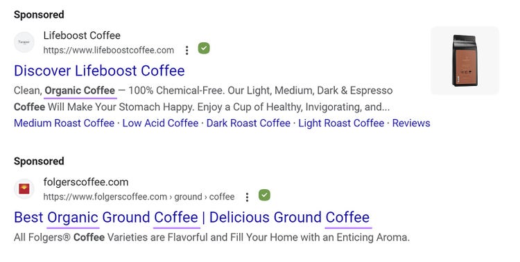 Google ads showing for the "organic coffee" query