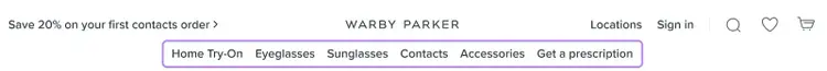 Warby Parker's horizontal navigation