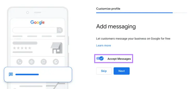 "Add messaging" window in Google Business Profile settings