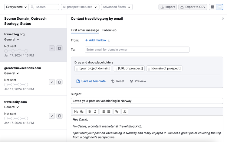 Connect your inbox to send an email requesting a reciprocal link from a site you already link to
