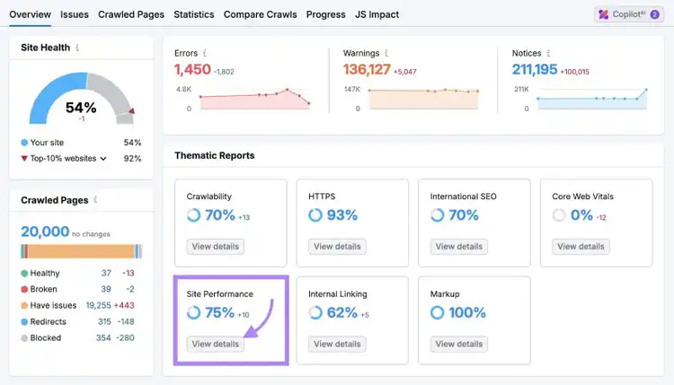 "View details" under Site Performance clicked on the Site Audit report.