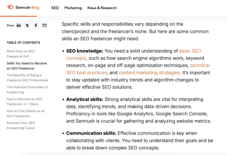 portion of blog post on skills you need to become an seo freelancer