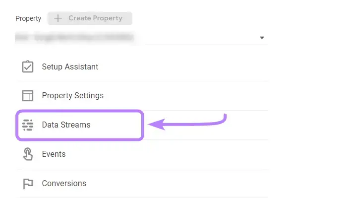 “Data Streams” selected under the "Admin" section in GA4