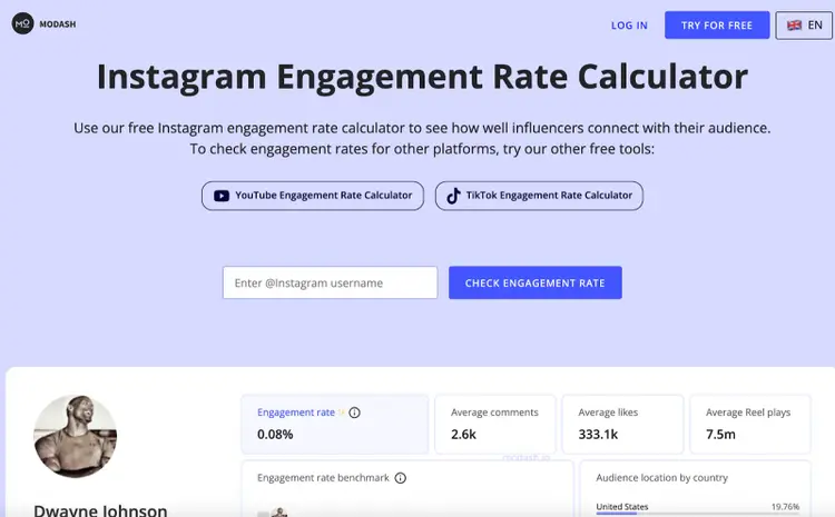 Modash Instagram Engagement Rate Calculator with Dwayne Johnson