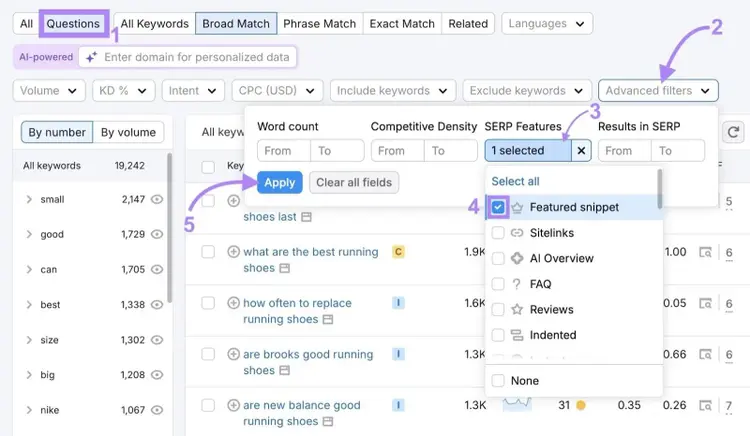 Applying filters to only show question-based keywords that trigger a featured snippet on the Keyword Magic Tool.