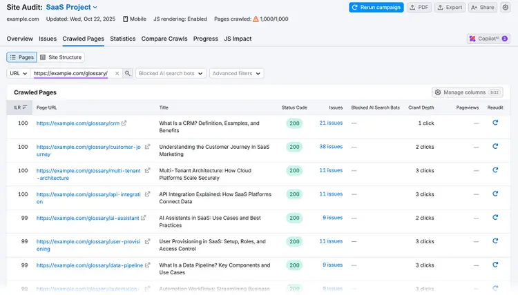 Site Audit crawled pages report listing glossary URLs, titles, and crawl issue counts.